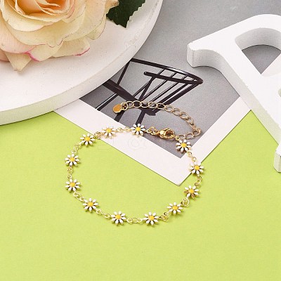 Brass Enamel Daisy Link Bracelets BJEW-JB05674-1