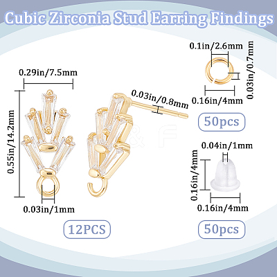 6 Pairs Leaf Shape Brass Cubic Zirconia Stud Earring Findings KK-CN0003-20G-1