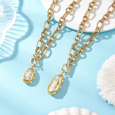 Electroplated Baroque Natural Keshi Pearl Oval Pendant 304 Stainless Steel Figaro Chain Necklaces with OT Clasps for Women NJEW-JN06296-1