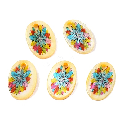 Natural Freshwater Shell Double Face Printed Oval Charms SHEL-T020-05E-1