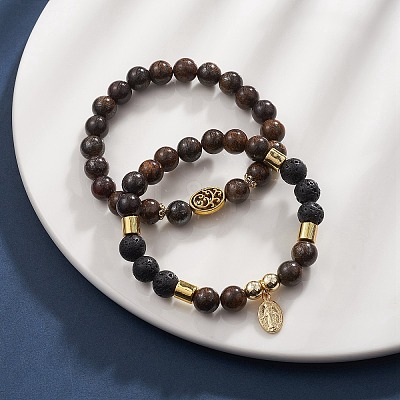 2Pcs 2 Style Dyed Natual & Synthetic Mixed Gemstone Beaded Stretch Bracelets Set BJEW-JB09325-1
