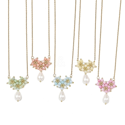 Electroplate Glass Beaded Flower Teardrop Pendant 304 Stainless Steel Cable Chain Necklaces NJEW-MZ00156-1