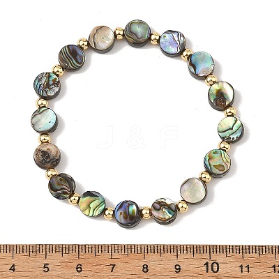 Natural Abalone Shell/Paua Shell Coin Beaded Stretch Bracelets with Round Brass Beads for Women BJEW-JB14169-1
