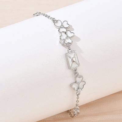 Brass Pave Clear Cubic Zirconia Clover Envelope Link Bracelets KK-CBA6980-18P-1