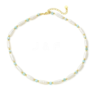 Faceted Cube Natural Larimar & Natural Baroque Keshi Pearl Column Beaded Necklaces NJEW-JN06620-1