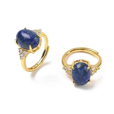 Brass Micro Pave Cubic Zirconia with Natural Lapis Lazuli Cuff Open Rings RJEW-T035-01G-B-1
