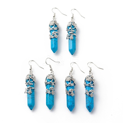 Synthetic Turquoise Bullet with Flower Dangle Earrings EJEW-G300-02P-08-1
