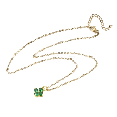 Saint Patrick's Day Brass Pave Cubic Zirconia Green Four-Leaf Clover Pendant 304 Stainless Steel Satellite Chain Necklaces NJEW-JN06677-1