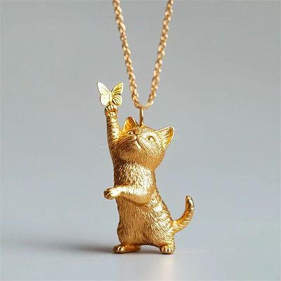 Alloy Cat with Butterfly Pendant Necklaces for Women WG044B0-01-1
