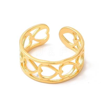 Ion Plating(IP) 304 Stainless Steel Hollow Out Heart Open Cuff Ring for Women RJEW-E063-19G-1