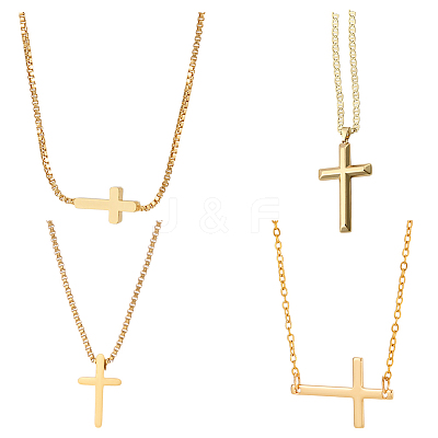 4Pcs 4 Styles Brass & 304 Stainless Steel Sideways Cross Box Chain Necklaces for Women NJEW-UN0001-67-1