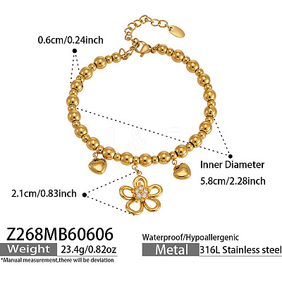 316 Surgical Stainless Steel Pave Clear Cubic Zirconia Flower Charm Round Beaded Bracelets for Women WGAC14B-01-1