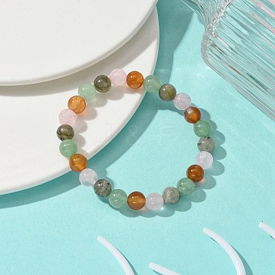 Natural Carnelian & Rose Quartz & Green Aventurine & Labradorite Round Beaded Stretch Bracelets BJEW-JB10910-05-1