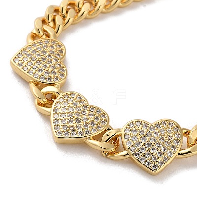 Brass Micro Pave Clear Cubic Zirconia Triple Heart Cuban Link Chains Bracelets for Women BJEW-M322-05G-B-1
