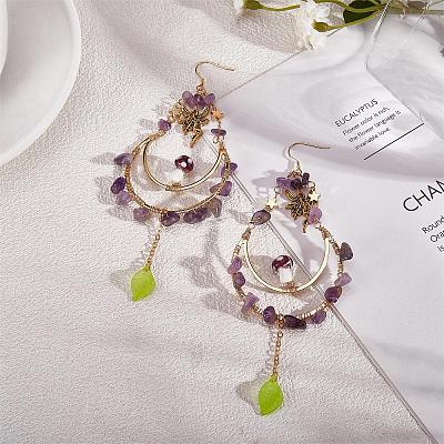 Natural Amethyst Chips Beaded Big Teardrop Dangle Earrings EJEW-SW00016-03-1
