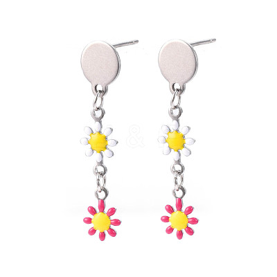 Flower Enamel Long Dangle Stud Earrings EJEW-N049-02A-1