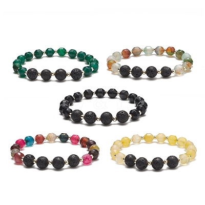 Natural Lava Rock & Dyed Agate Beaded Stretch Bracelet Sets BJEW-JB09181-1