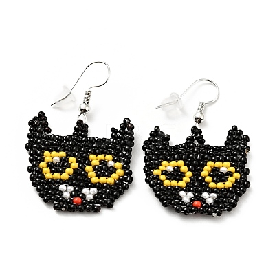 Glass Seed Braided Cat Dangle Earrings EJEW-B012-11-1