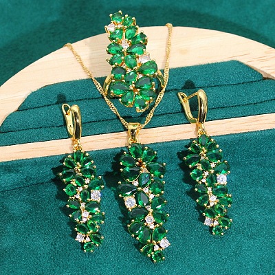 Leaf Brass Cubic Zirconia Pendant Necklaces & Hoop Earrings & Rings Sets FS-WGD46EA-10-1
