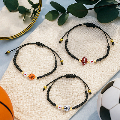 5Pcs 5 Styles Sport Theme Acylic & Alloy Braided Bead Bracelets BJEW-GO0001-12-1