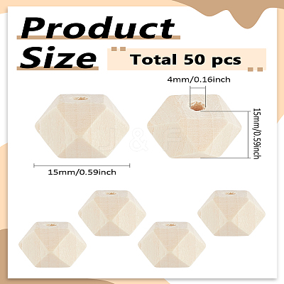 50Pcs Faceted Unfinished Wood Beads WOOD-LP0001-21-1