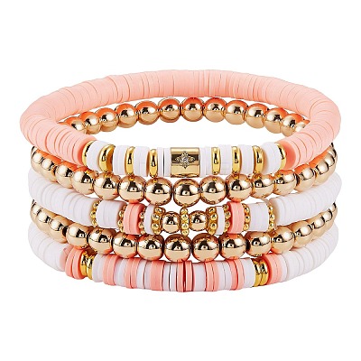5Pcs 5 Style Polymer Clay Heishi Surfer Stretch Bracelets Set with Synthetic Hematite BJEW-SZ0002-43C-1