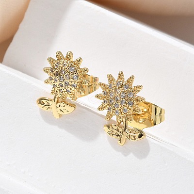 Brass Micro Pave Clear Cubic Zirconia Stud Earrings EJEW-D305-09G-1