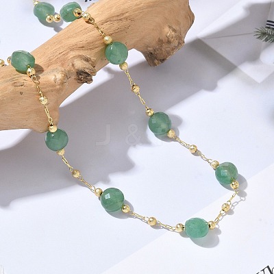 Natural Green Aventurine Faceted Flat Round Beaded Chain Necklaces with Matte Brass Beads GG-CBA37F5-01G-10-1