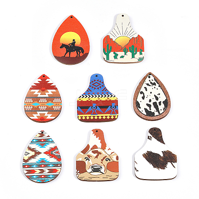 32Pcs 8 Style Single Face Printed Basswood Big Pendants WOOD-CA0001-61-1