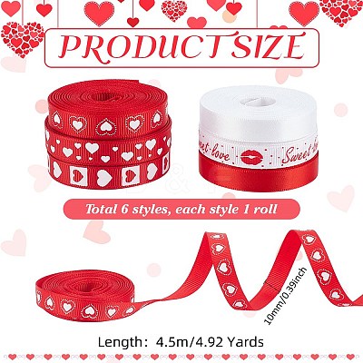 6Rolls 6 Colors Valentine's Day Polyester Printed Grosgrain Ribbon OCOR-PH0004-23-1