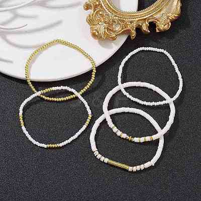 5Pcs 5 Style Polymer Clay Disc & Synthetic Hematite & Seed Beaded Stretch Bracelets Set BJEW-JB09685-01-1