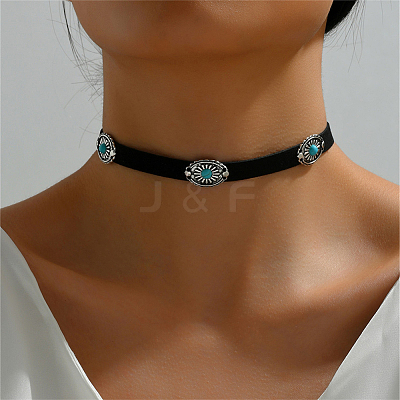 2Pcs 2 Colors Bohemian Alloy & Resin Imitation Turquoise Oval Velvet Choker Necklaces NJEW-CL0001-11-1