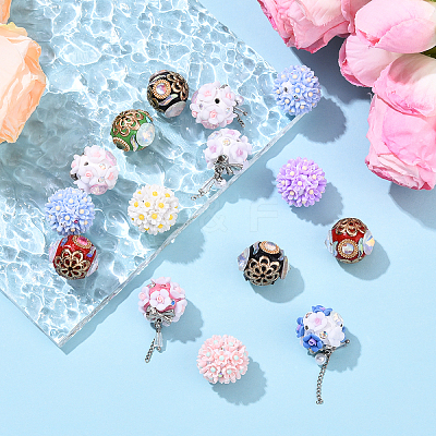 5Pcs Luminous Glow in the Dark Polymer Clay Pave Rhinestone Round Beads with Resin Flower CLAY-YW0002-48-1