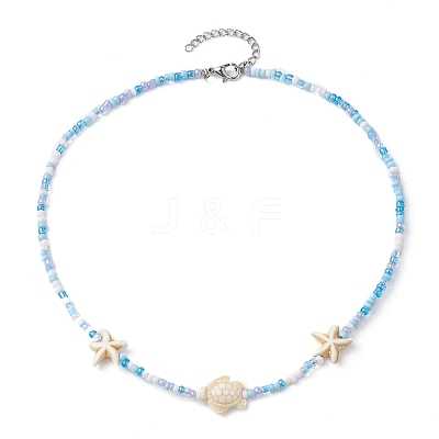 Synthetic Turquoise Starfish & Turtle & Seed Beaded Necklace for Women NJEW-JN04482-02-1