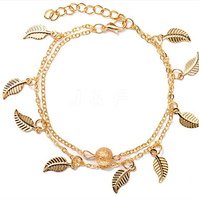 Ethnic Style Alloy Leaf Tassel Double Layered Anklets for Women FS-WG91AE1-01-1