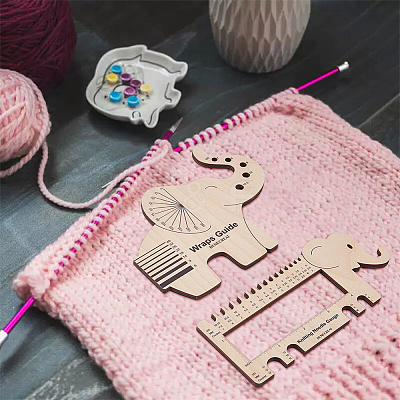 1 Set Elephant Shape Wooden Knitting Needle Gauge & Yarn Wrap Guide Board DIY-BC0006-94-1