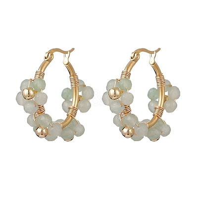 Flower Brass & Natural Green Aventurine Hoop Earrings EJEW-TA00781-03-1