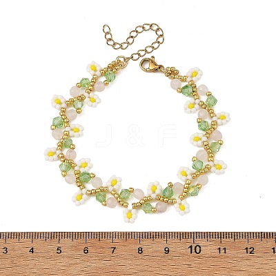 Flower Seed Bead Beaded Bracelet Sets with Natural Rose Quartz for Women BJEW-MZ00350-01-1