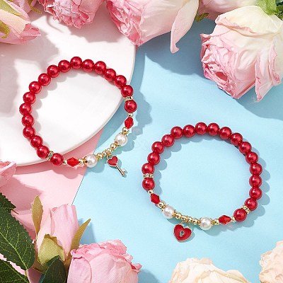 2Pcs Valentine's Day Theme Acrylic Pearl Round Beaded Stretch Bracelets BJEW-JB11422-1