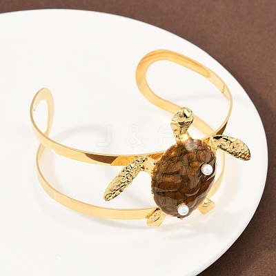 Turtle 304 Stainless Steel Enamel Cuff Bangles for Women BJEW-A049-04C-G-1