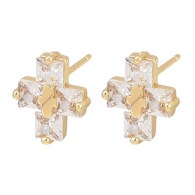 Brass Micro Pave Clear Cubic Zirconia Cross Stud Earrings EJEW-F400-22A-G-1