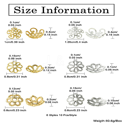 60Pcs 6 Styles Flower Brass Fancy Bead Caps KK-CJ0002-20-NR-1