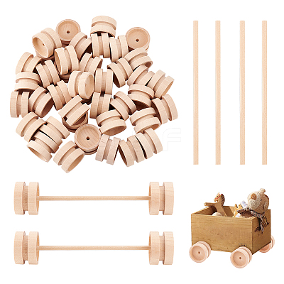 Unfinished Schima Wood Vehicle Wheels & Birch Wood Stick Sets DIY-WH0308-326A-1