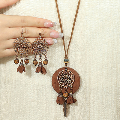 Bohemian Style Alloy & Wood & Leather Dangle Earrings & Necklaces Sets FS-WG3D99C-01-1