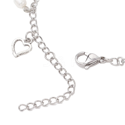 Natural Black Agate(Dyed & Heated) & Natural Pearl & 304 Stainless Steel Heart Tassel Curb Chain Anklets AJEW-AN00697-1