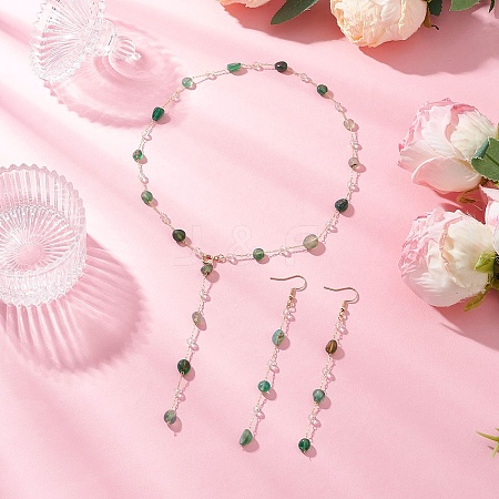 Handmade Natural Green Agate Beaded Chains Earring & Necklaces Sets SJEW-JS01342-04-1