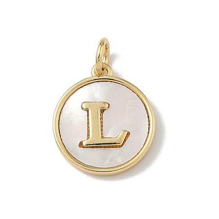 Brass Pave Natural Shell Flat Round with Letter Charms KK-Z115-13G-L-1