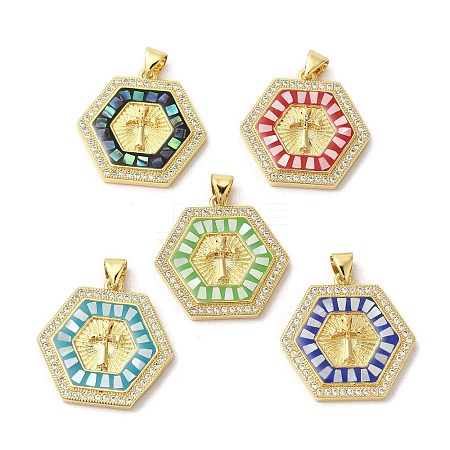 Hexagon with Cross Brass Micro Pave Cubic Zirconia Pendants KK-K385-038G-1