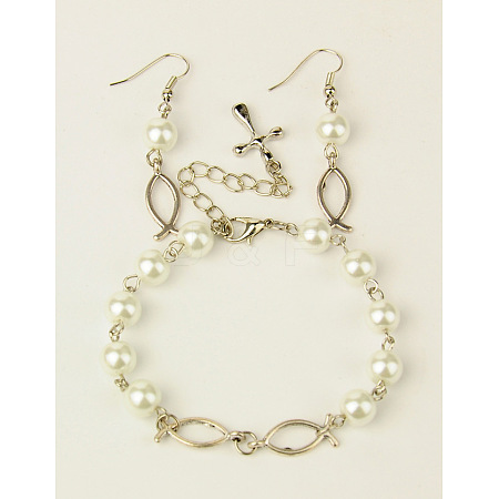 Glass Pearl Jewelry Sets for Easter: Bracelets & Earrings SJEW-JS00437-01-1