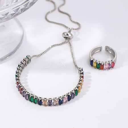 Chic Rectangle Brass Rhinestone Slider Bracelets & Cuff Rings Sets for Daily Wear VC3129-3-1